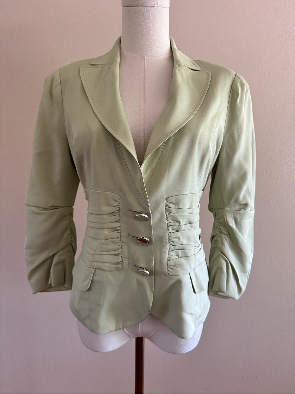 Marciano 94% Silk Mint Green Ruched Waist Blazer
